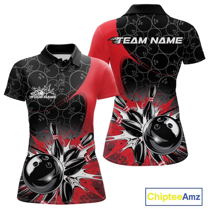 Custom Red Bowling Team Polo Shirts For Women, Bowling Pattern Bowling League Shirt IPHW9623