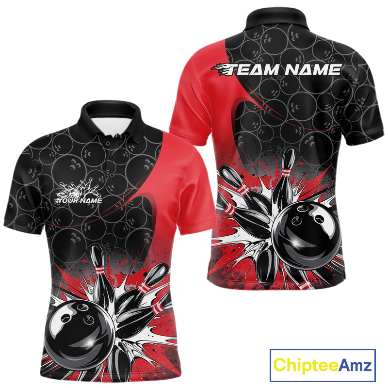 Custom Red Bowling Team Polo Shirts For Men, Bowling Pattern Bowling League Shirt IPHW9623