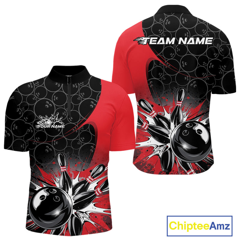 Custom Red Bowling Team Quarter-Zip Shirts For Men, Bowling Pattern Bowling League Shirt IPHW9623