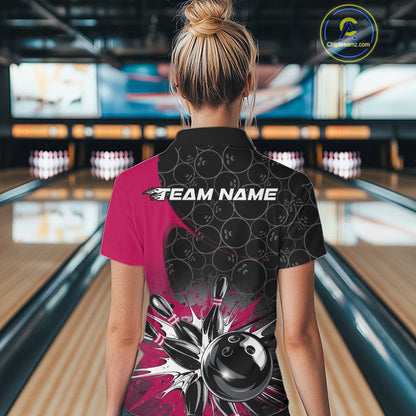 Custom Pink Bowling Team Polo Shirts For Women, Bowling Pattern Bowling League Shirt IPHW9626