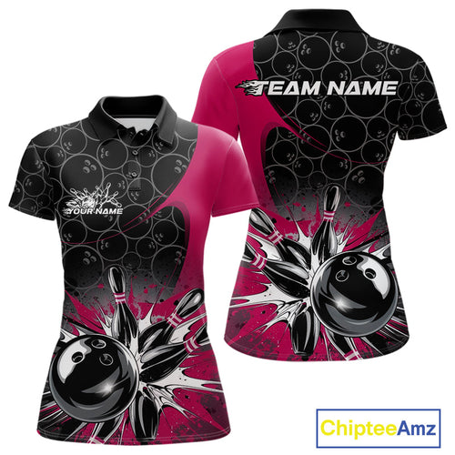 Custom Pink Bowling Team Polo Shirts For Women, Bowling Pattern Bowling League Shirt IPHW9626