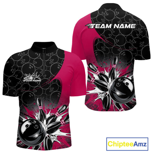 Custom Pink Bowling Team Quarter-Zip Shirts For Men, Bowling Pattern Bowling League Shirt IPHW9626