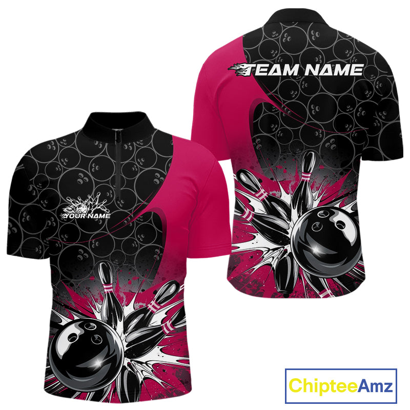 Custom Pink Bowling Team Quarter-Zip Shirts For Men, Bowling Pattern Bowling League Shirt IPHW9626