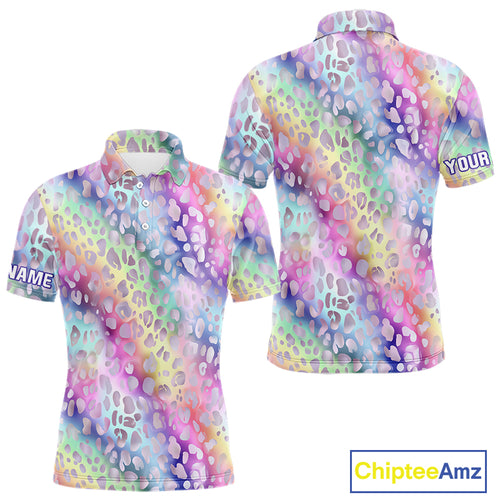 Colorful Neon Rainbow leopard pattern Mens Golf Polo Shirts Custom men's golf outfits, cool golf gift NQS10244