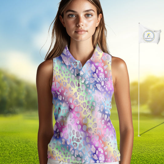Colorful Neon Rainbow leopard pattern Women Sleeveless Polo Shirt Custom ladies golf outfit NQS10244