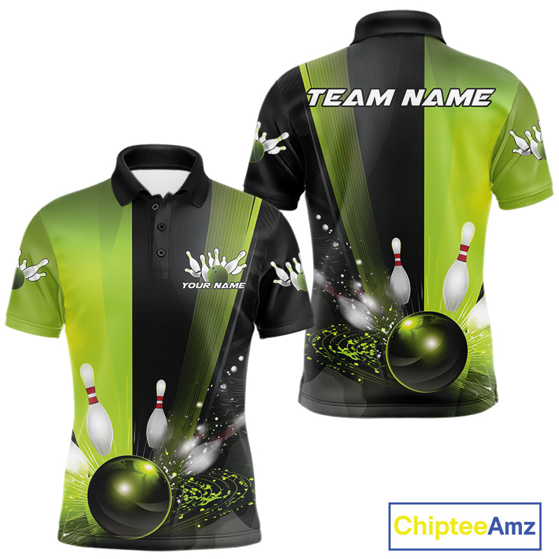 Custom Black And Green Bowling Jerseys, Glowing Motion Graphic Bowling Men Polo Shirt IPHW9443