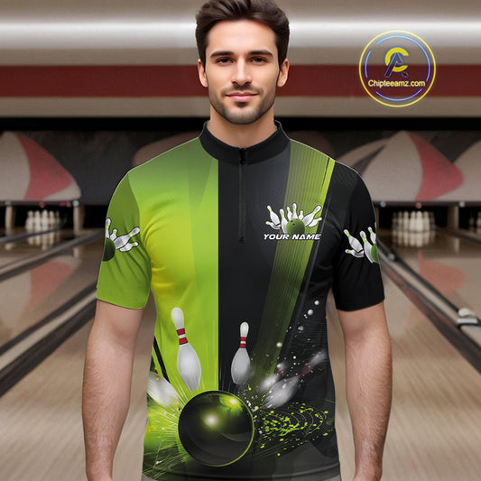 Custom Black And Green Bowling Jerseys, Glowing Motion Graphic Bowling Men Quarter-Zip Shirt IPHW9443