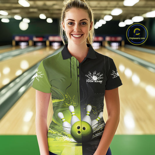 Half Black Half Green Custom Bowling Team Polo Shirts For Women, Bowling Tournament Shirt IPHW9445