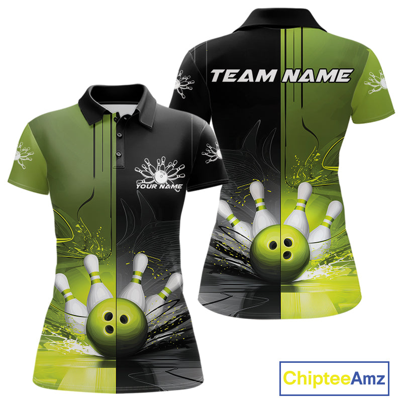 Half Black Half Green Custom Bowling Team Polo Shirts For Women, Bowling Tournament Shirt IPHW9445