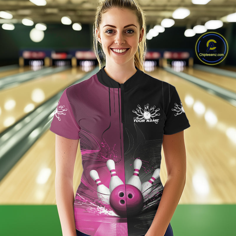 Half Black Half Pink Custom Bowling Women Quarter-Zip Shirt, Bowling Tournament Shirt IPHW9447
