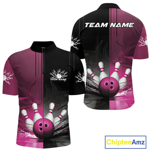 Half Black Half Pink Custom Bowling Team Quarter-Zip Shirts For Men, Bowling Tournament Shirt IPHW9447