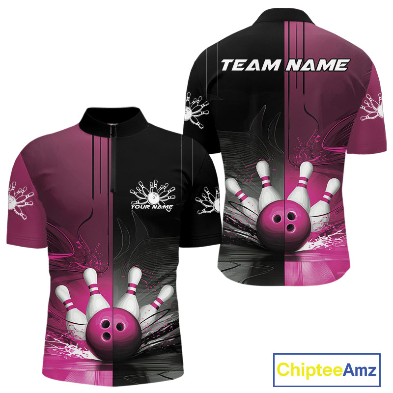 Half Black Half Pink Custom Bowling Team Quarter-Zip Shirts For Men, Bowling Tournament Shirt IPHW9447