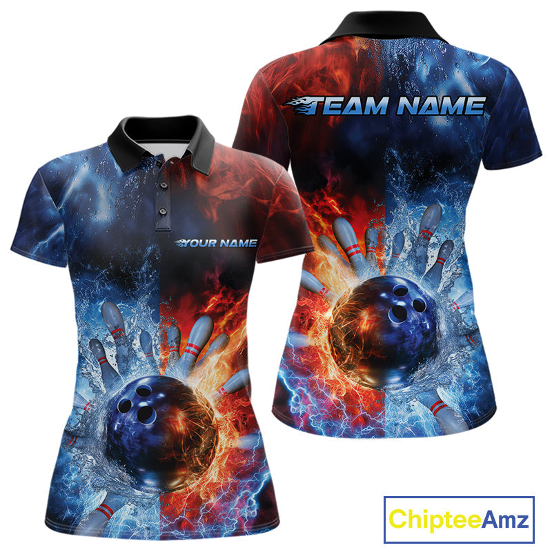 Custom Red Fire Blue Water Explosion Bowling Team Polo Shirts For Women, Bowling Uniform IPHW9448