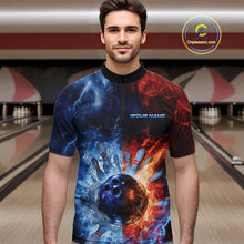 Load image into Gallery viewer, Custom Red Fire Blue Water Explosion Bowling Team Quarter-Zip Shirts For Men, Bowling Uniform IPHW9448