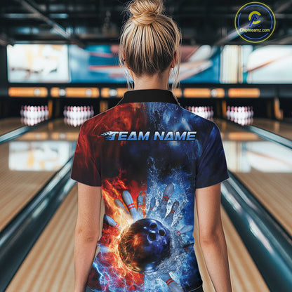 Custom Red Fire Blue Water Explosion Bowling Team Women Quarter-Zip Shirt Uniform IPHW9448