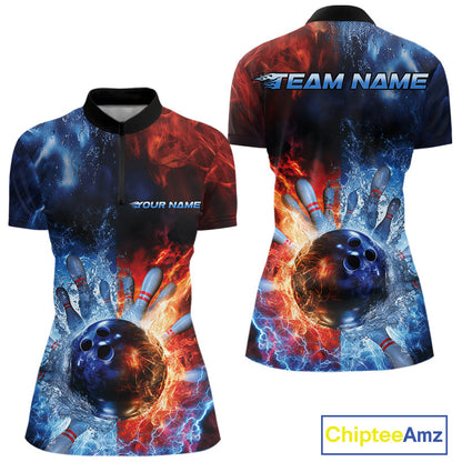 Custom Red Fire Blue Water Explosion Bowling Team Women Quarter-Zip Shirt Uniform IPHW9448