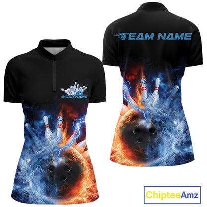 Custom Water And Fire Bowling Team Women Quarter-Zip Shirt, Lightning Bowling Uniform IPHW9449