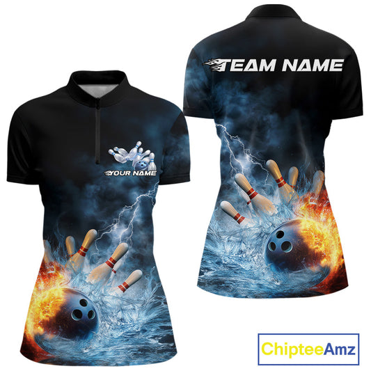 Custom Water And Fire Bowling Team Women Quarter-Zip Shirt, Lightning Bowling Uniform IPHW9450