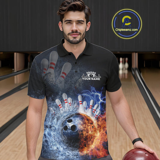 Custom Lightning, Fire And Water Splash Energy Burst Bowling Team Polo Shirts For Men IPHW9451