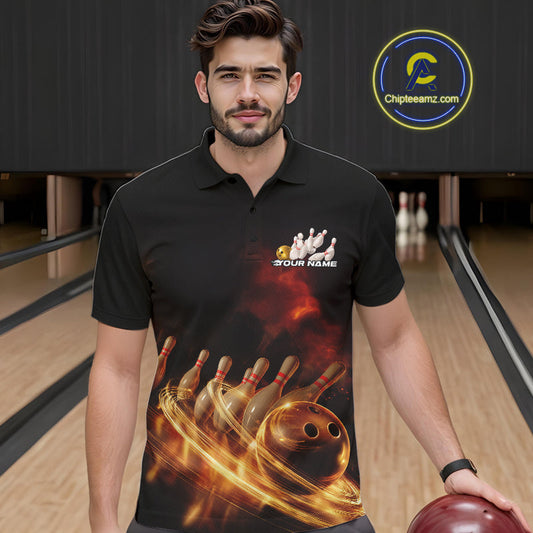Custom Golden Glowing Effect Light Trails Bowling Team Polo Shirts For Men, Bowling Jersey IPHW9452