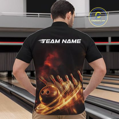 Custom Golden Glowing Effect Light Trails Bowling Team Quarter-Zip Shirts For Men, Bowling Jersey IPHW9452