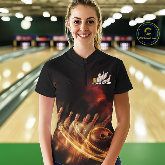 Custom Golden Glowing Light Trails Bowling Team Women Quarter-Zip Shirt, Bowling Jersey IPHW9452