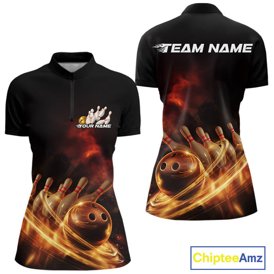 Custom Golden Glowing Light Trails Bowling Team Women Quarter-Zip Shirt, Bowling Jersey IPHW9452