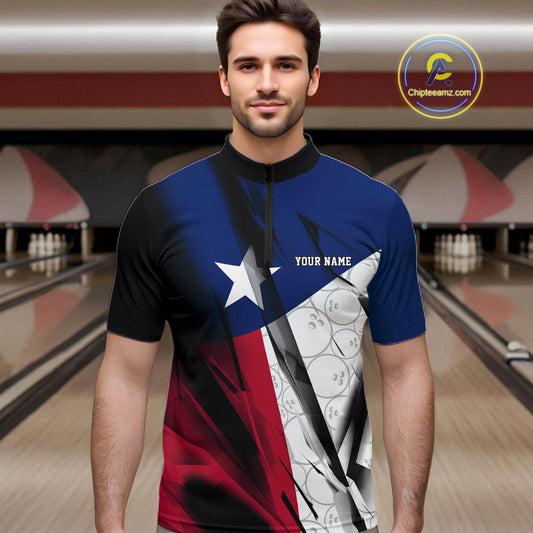 Custom Texas Flag Bowling Team Men Quarter-Zip Shirts, Texas Bowling League Shirt Team Uniform IPHW9634