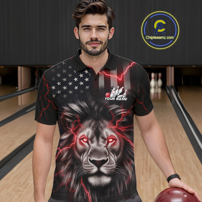 Custom Red Thunder Lightning Patriotic Lion Polo Shirts For Men, US Flag Bowling Jerseys IPHW9322