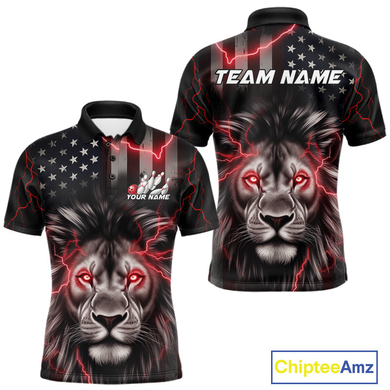 Custom Red Thunder Lightning Patriotic Lion Polo Shirts For Men, US Flag Bowling Jerseys IPHW9322