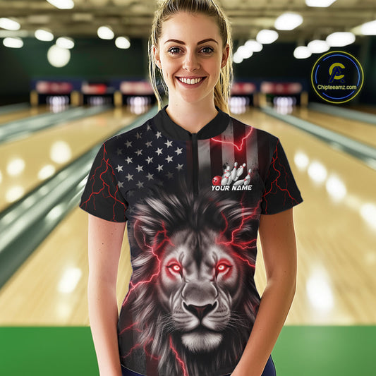 Custom Red Thunder Lightning Patriotic Lion Women Quarter-Zip Shirt, US Bowling Jersey IPHW9322