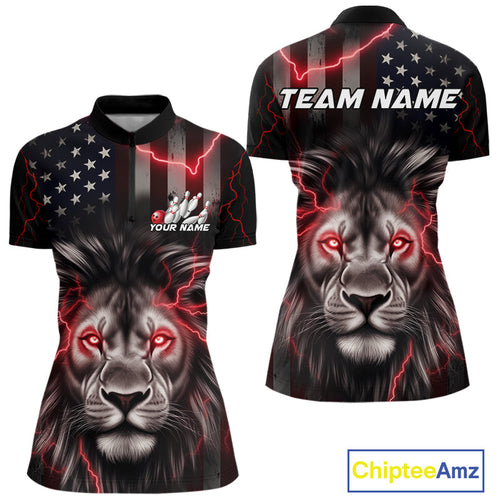 Custom Red Thunder Lightning Patriotic Lion Women Quarter-Zip Shirt, US Bowling Jersey IPHW9322