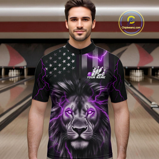 Custom Purple Thunder Lightning Patriotic Lion Quarter-Zip Shirt For Men, US Flag Bowling Jerseys IPHW9324