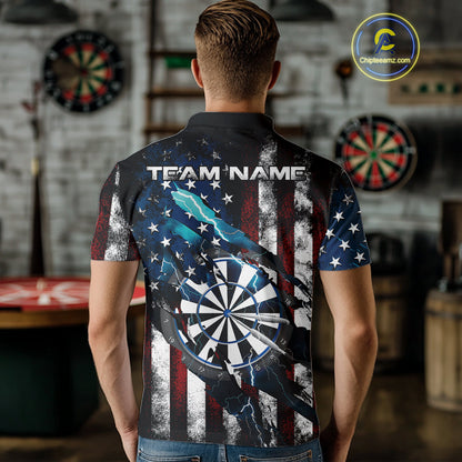 Custom Blue Thunder Lightning Patriotic Dart Men Polo Shirts, Vintage Dart Jerseys IPHW9651