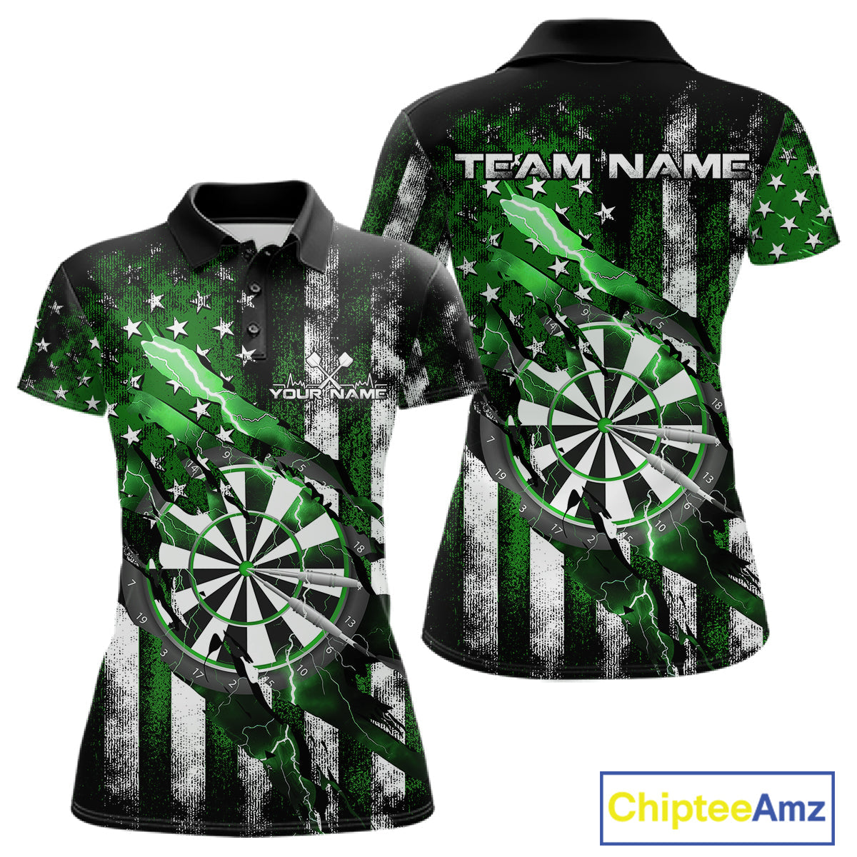 Custom Green Thunder Lightning Patriotic Dart Women Polo Shirts, Vintage Dart Jerseys IPHW9654