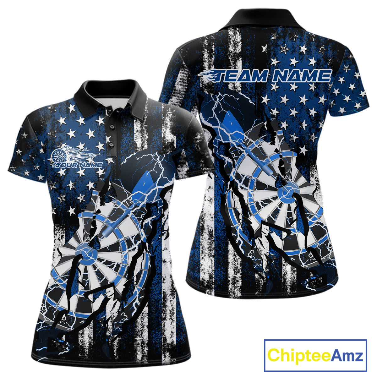 Custom Blue Thunder Lightning Patriotic Dart Team Polo Shirts For Women, Dart Jerseys IPHW9657
