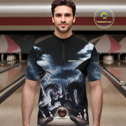 Custom Black And White Dragons Lightning Bowling Quarter-Zip Shirts For Men, Bowling League Shirt IPHW9820