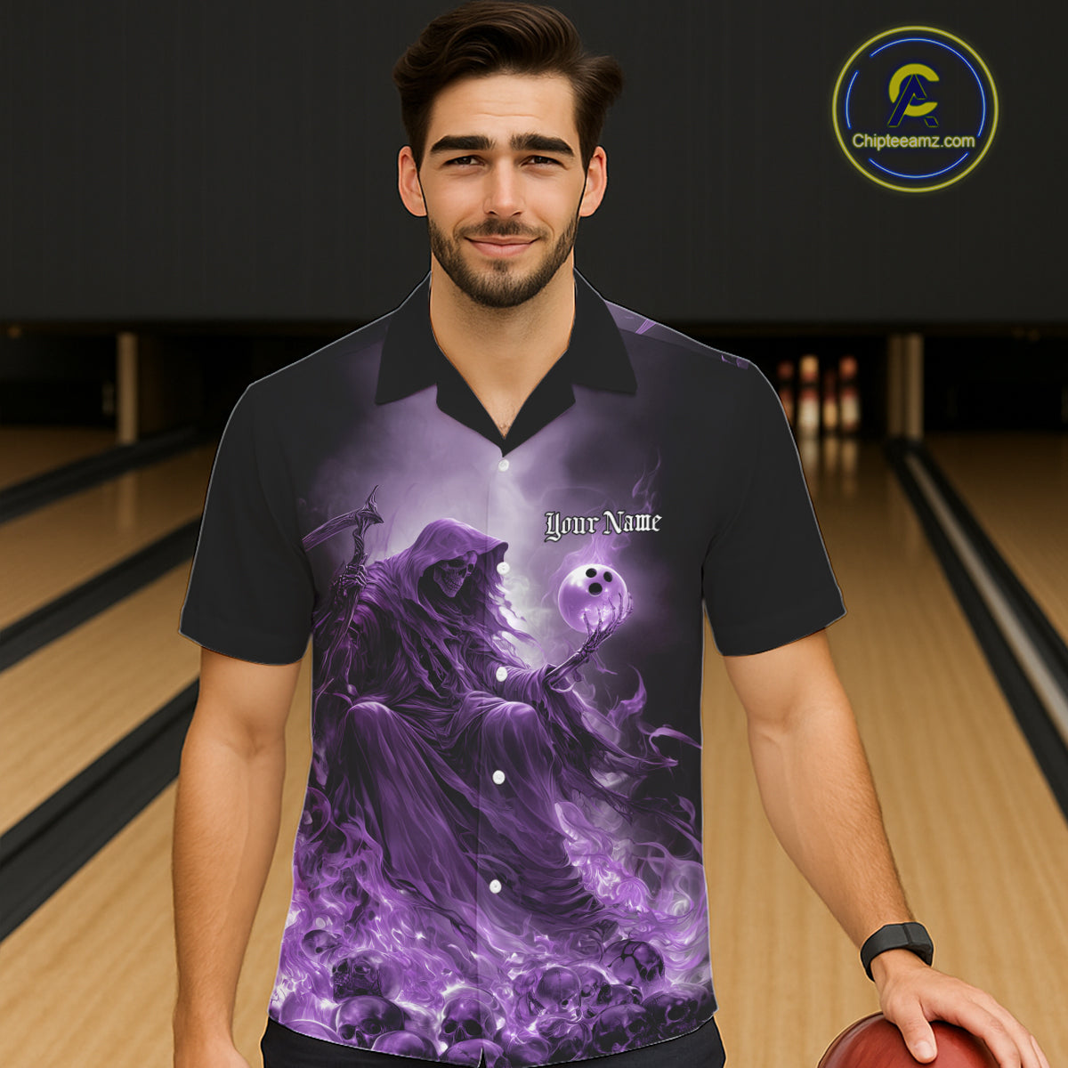 Custom Purple Flame Grim Reaper Bowling Men And Women Hawaiian Shirts, Halloween Bowling Team Outfit IPHW9468