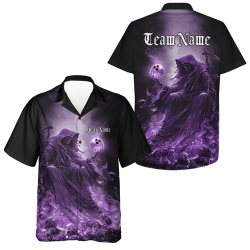 Custom Purple Flame Grim Reaper Bowling Men And Women Hawaiian Shirts, Halloween Bowling Team Outfit IPHW9468