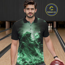 Load image into Gallery viewer, Custom Green Flame Grim Reaper Bowling Men Polo Shirts, Halloween Bowling Team Outfit IPHW9469