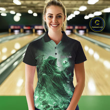 Load image into Gallery viewer, Custom Green Flame Grim Reaper Bowling Women Polo Shirts, Halloween Bowling Team Outfit IPHW9469