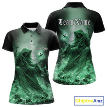 Load image into Gallery viewer, Custom Green Flame Grim Reaper Bowling Women Polo Shirts, Halloween Bowling Team Outfit IPHW9469