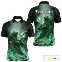 Load image into Gallery viewer, Custom Green Flame Grim Reaper Bowling Men Polo Shirts, Halloween Bowling Team Outfit IPHW9469