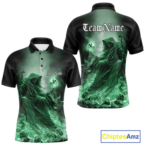Custom Green Flame Grim Reaper Bowling Men Polo Shirts, Halloween Bowling Team Outfit IPHW9469