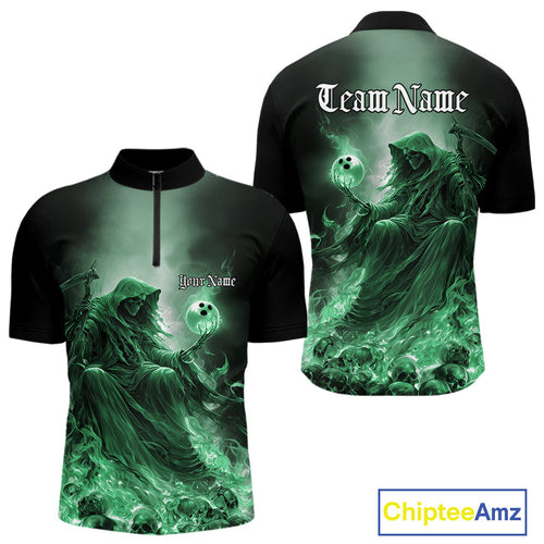 Custom Green Flame Grim Reaper Bowling Men Quarter-Zip Shirts, Halloween Bowling Team Outfit IPHW9469