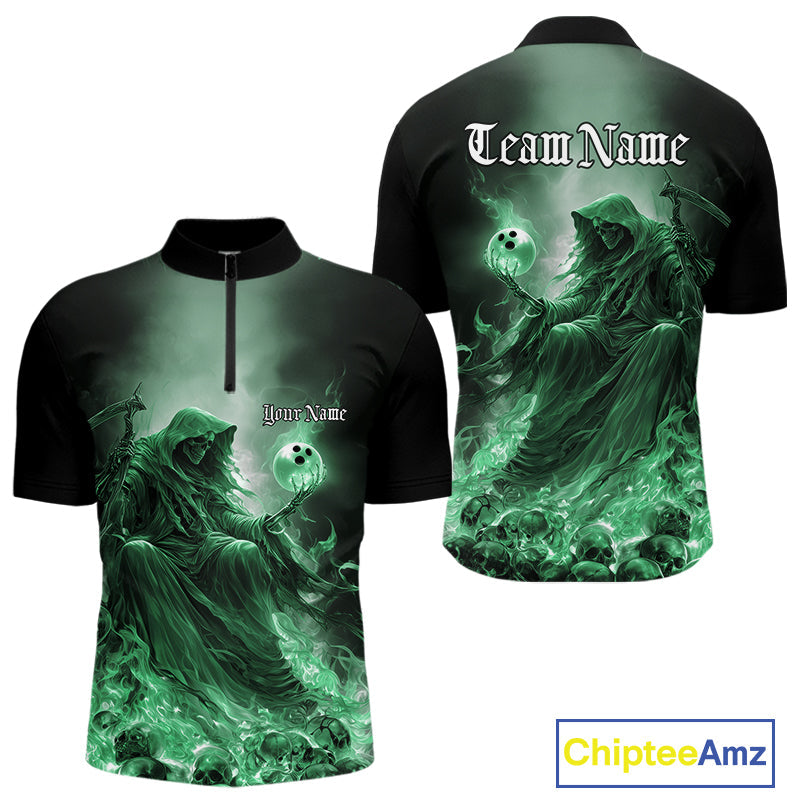 Custom Green Flame Grim Reaper Bowling Men Quarter-Zip Shirts, Halloween Bowling Team Outfit IPHW9469
