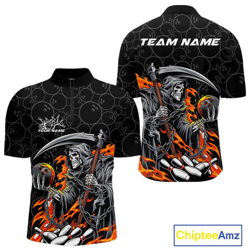 Custom Chaotic Flame Grim Reaper Bowling Quarter-Zip Shirts For Men, Halloween Bowling Team Shirt IPHW9473