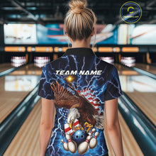 Load image into Gallery viewer, Custom Blue Lightning US Flag Eagle Bowling Team Polo Shirts For Women, Patriotic Bowling IPHW9477