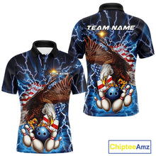 Load image into Gallery viewer, Custom Blue Lightning US Flag Eagle Bowling Team Polo Shirts For Men, Patriotic Bowling IPHW9477