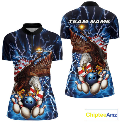 Custom Blue Lightning US Eagle Bowling Team Women Quarter-Zip Shirts, Patriotic Bowling IPHW9477